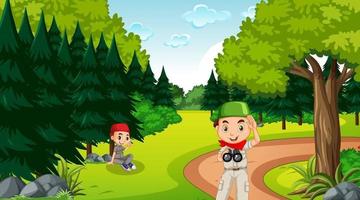 Nature scene with muslim kids exploring in the forest vector