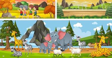 Set of outdoor panoramic landscape with cartoon character vector