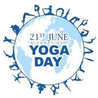 Ilustración de personas que practican asanas y meditación para el día internacional del yoga el 21 de junio vector