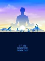 Ilustración de personas que practican asanas y meditación para el día internacional del yoga el 21 de junio vector