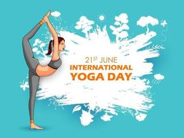 Ilustración de una mujer haciendo asanas y práctica de meditación para el día internacional del yoga el 21 de junio vector