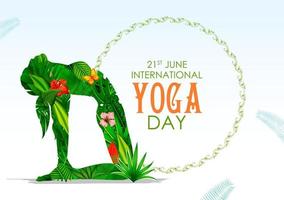 Ilustración de una mujer haciendo asanas y práctica de meditación para el día internacional del yoga el 21 de junio vector