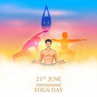 Ilustración del hombre haciendo asanas y práctica de meditación para el día internacional del yoga el 21 de junio vector