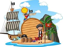 Isla pirata con un banner vacío aislado sobre fondo blanco. vector