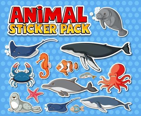 Cute sea animals sticker pack isolated