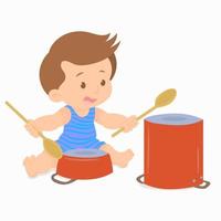 Boy hit the pots with spoons like a drum vector
