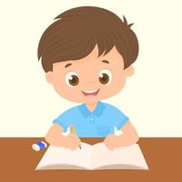 Little boy studying on the table vector