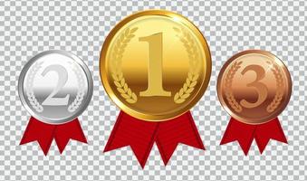 Champion Gold, Silver and Bronze Medal with Red Ribbon. Icon Sign of First, Second  and Third Place Isolated on Transparent Background. Vector Illustration