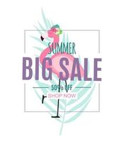 Abstract Summer Sale Background with Palm Leaves and Flamingo. Vector Illustration