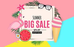 Abstract Summer Sale Background with Palm Leaves and Flamingo. Vector Illustration