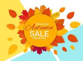 Banner de venta de hojas de otoño brillante. tarjeta de descuento comercial. ilustración vectorial vector