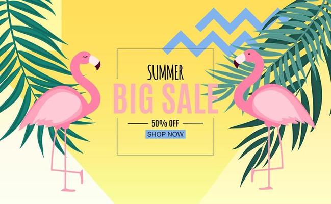 Abstract Summer Sale Background with Palm Leaves and Flamingo. Vector Illustration