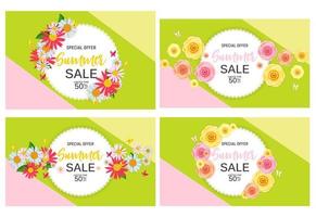 Abstract Flower Summer Sale Background with Frame and Flowers Collection Set. Vector Illustration