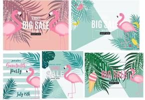 Abstract Summer Sale Background with Palm Leaves and Flamingo Collection Set. Vector Illustration