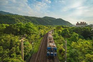 Train passing the field on eastern line in Yilan, Taiwan photo