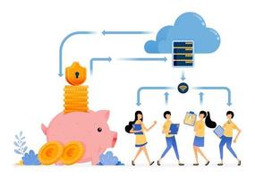 Vector Design of Security Financial services with cloud database technology protection of transaction activity data illustration Can be for websites posters banners mobile apps web social media