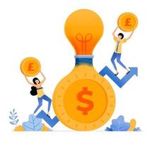 Vector Design of saving ideas for increase investment in future light bulb that comes out of coin arrows go up illustration Can be for websites posters banners mobile apps web social media