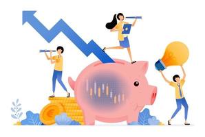 Vector Design of awareness of stock saving investment piggy bank with candlestick and rising arrow ideas are money illustration Can be for websites posters banners mobile apps web social media