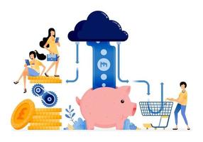 Vector Design of financial system for shopping saving and transactions cloud technology for banking data flow illustration Can be for websites posters banners mobile apps web social media ads