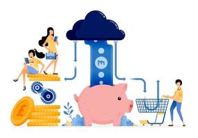 diseño vectorial del sistema financiero para compras, ahorros y transacciones, tecnología en la nube para el flujo de datos bancarios, la ilustración puede ser para sitios web, carteles, pancartas, aplicaciones móviles, anuncios en redes sociales web vector