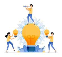 Vector Design of find and explore ideas man standing on light bulb people holding light bulb enlightened thinking illustration Can be for websites posters banners mobile apps web social media