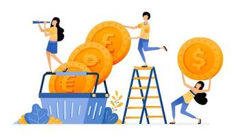 Vector Design of foreign currency coins in basket buying investment increases in financial markets and mutual funds illustration Can be for websites posters banners mobile apps web social media