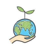 Manos humanas sosteniendo globo con planta en él cuidado del medio ambiente y responsabilidad social doodle. icono de tierra dibujado a mano sobre fondo blanco. vector