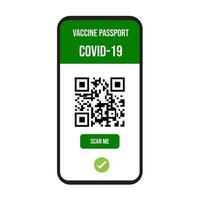 Certificate of vaccination on mobile phone screen. scan QR code vaccine covid-19 international icon symbol on white background.