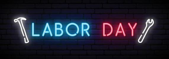 Labor Day neon sign. Long horizontal light banner. vector
