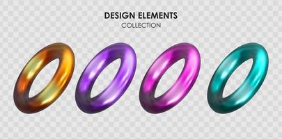 Collection set of realistic 3d render metallic color gradient geometric shapes objects elements for design isolated on transparent background. Vector illustration EPS10