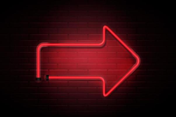 Arrow Glowing Neon Red Tubes on Dark Brick Wall  Background. Vector Illustration