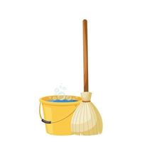 cleaning supplies. yellow bucket and broom vector