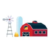 Red house barn with silo, windmill and pile of hay flat style vector illustration isolated on white background. Agricultural and farming landscape elements for your needs