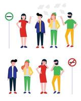 grupo de personas fumadoras y tosiendo. chica adolescente, niño, mujer y hombre fuman cigarrillos y tosen cerca de señales de icono no fumar y área de fumadores diseño de estilo plano ilustración vectorial aislado vector