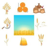Wheat harvesting flat style design vector illustration set. Farming tools and producing things. Whole wheat grain with seeds, sickle, hayforkm hay bale, bags of flour, wheat field landscape isolated.