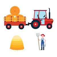 Red harvesting tractor with semi-trailer and hay bale icon sign, haystack, hay sheaf and farmer with hayfork and bucket set isolated on white background flat design style vector illustration