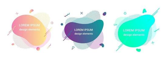 3 Modern liquid irregular amoeba blob shape abstract elements graphic flat style design fluid vector illustration set banner simple shape template for presentation, flyer, isolated on white background