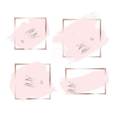 Brush strokes in rose gold pink tones and golden frame background. Vector Illustration