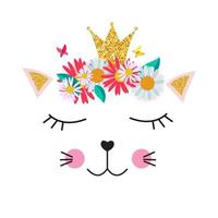 Little cute cat princess with crown and flowers  for card and shirt design. Vector Illustration