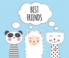 Little cute llama, panda and cat for card and shirt design. Best Friend Concept. Vector Illustration