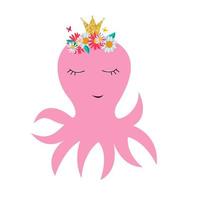 Little cute octopus princess with crown and flowers for card and shirt design. Vector Illustration