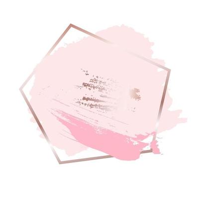 Brush strokes in rose gold pink tones and golden frame background. Vector Illustration