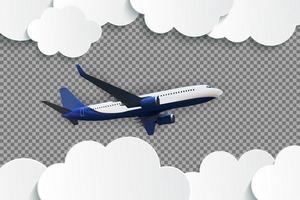 Abstract Clouds with flying realistic 3D airplane on a transparent background. Vector Illustration