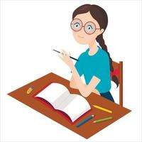 A girl with glasses and a dreamy look is sitting at her desk. An open notebook and scattered pencils. vector