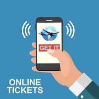 Hand holding a mobile phone. Buy air tickets online concept. Vector Illustration