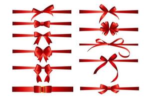 Collection Set of red bows with horizontal  ribbon isolated on white background. Vector illustration