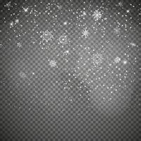 Falling Shining Snowflakes and Snow on Transparent Background. Christmas, Winter and New Year Background. Realistic Vector illustration for Your Design