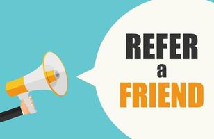 Refer a Friend Poster with Megaphone and Hand. Vector Illustration