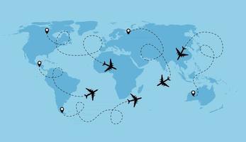 Airplane dotted flight background above world map. Vector Illustration