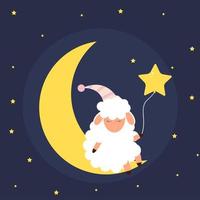 Cute little sheep on the night sky. Sweet dreams. vector illustration